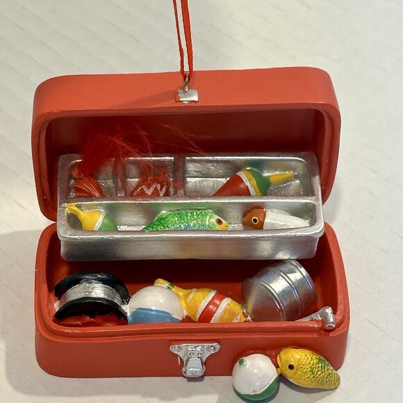 Miniature Fishing Tackle Box Ornament Red Resin Bobbers Lures Fish Decor 3.5" - Picture 9 of 9